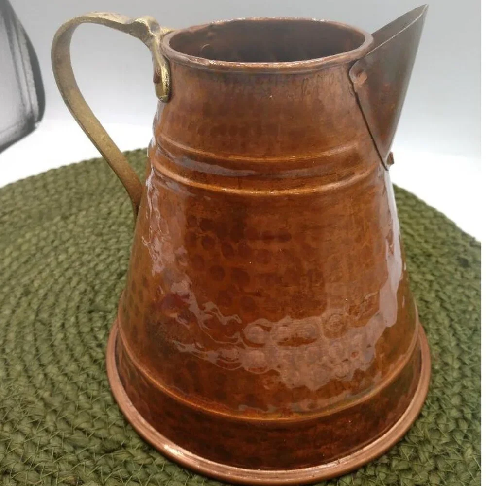 Vintage Hammered Copper Water Pitcher With Brass Handle & Spout